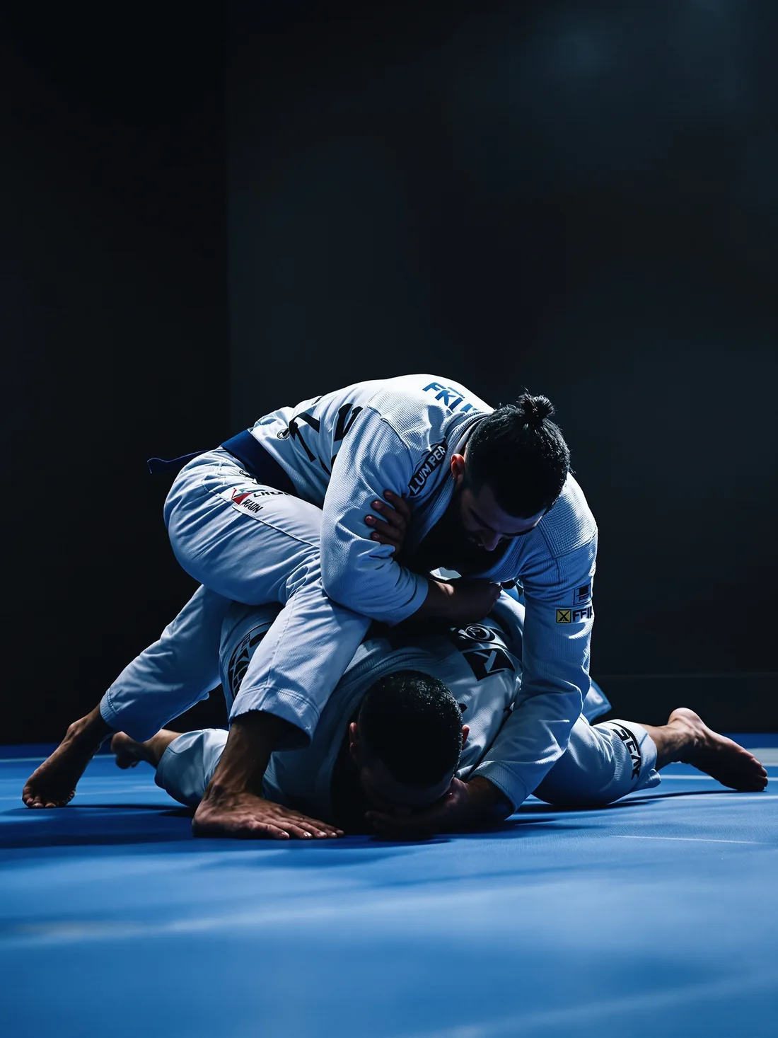 Two jiu-jitsu athletes rolling on the mats at The Lab in Westwood, MA